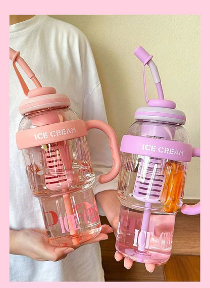 Summer Cute Belly Water Bottle with Straw & Tea Infuser, Portable Plastic Juice, Milk & Tea Cup (Eco-Friendly, Leakproof)